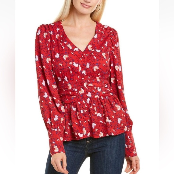 Walter Baker Clara Top Red Apple Blossom Printed Peplum Floral Blouse Small $158 - Picture 1 of 13